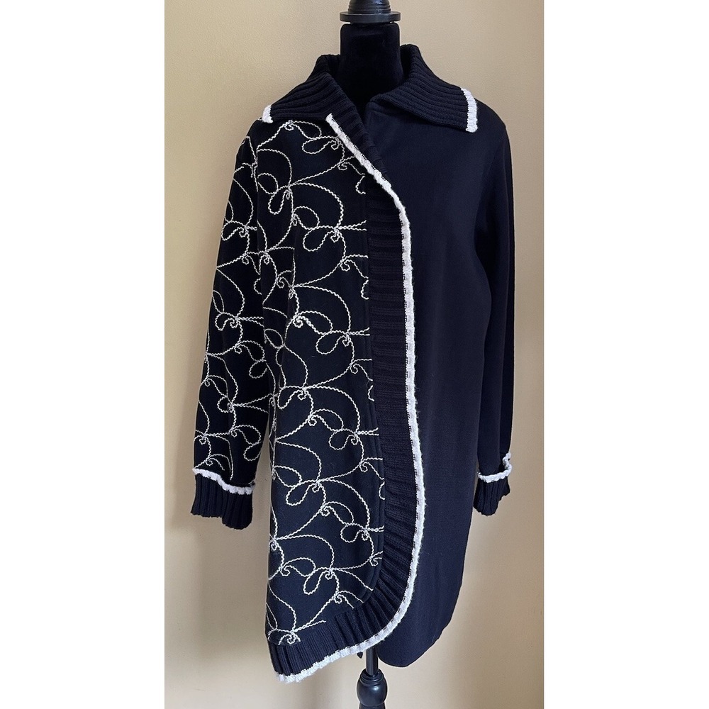 Angel Design by Sabri Ozel Black Cardigan Sweater Coat Wool Blend Yarn Italy XL